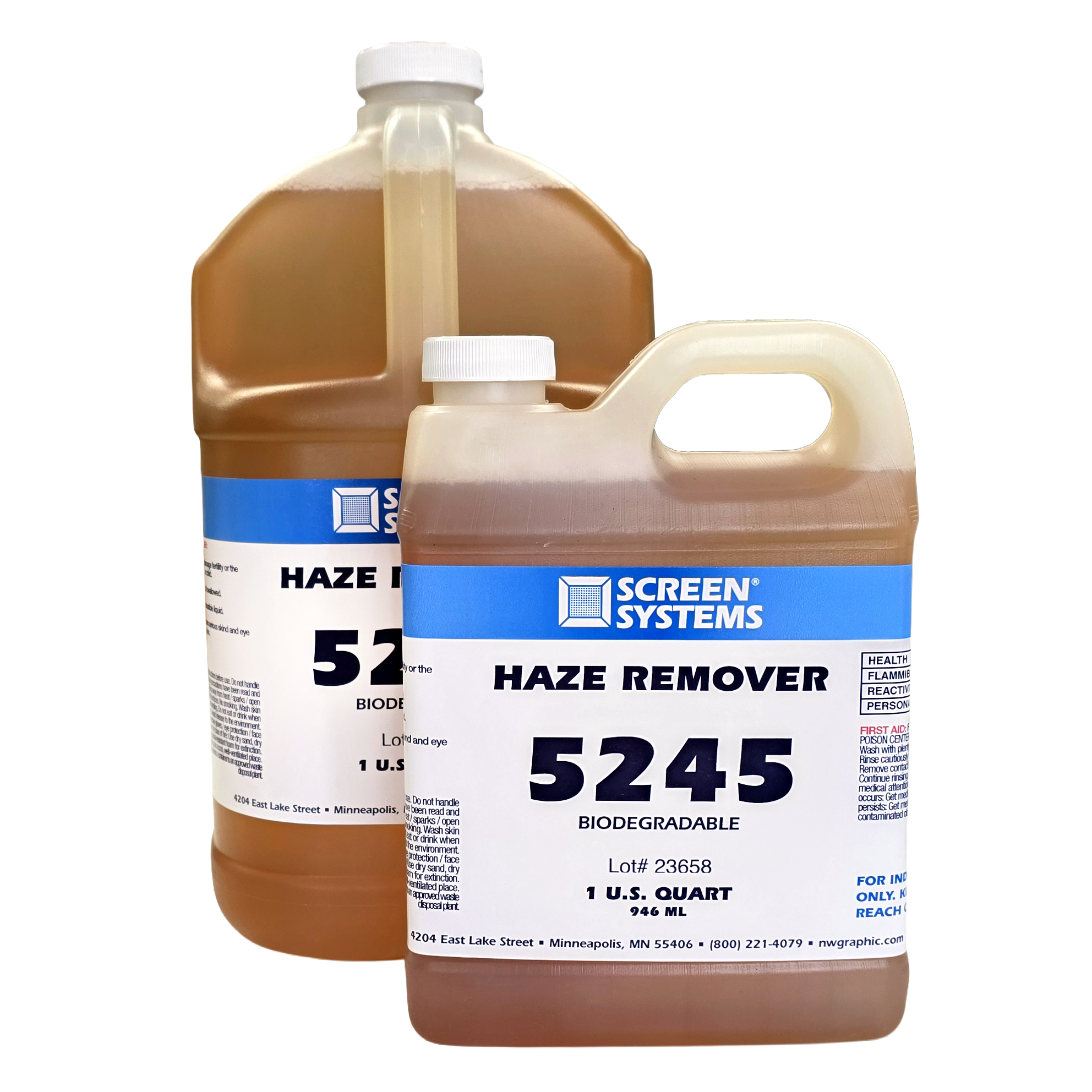 A very potent and works very fast, yet without the strong odor usually associated with haze removers.,  Extremely effective for removing even the most stubborn ghosts from printers' screens. Less harmful to mesh that corrosive haze removers.   For use with all films and emulsions.  By Screen Systems